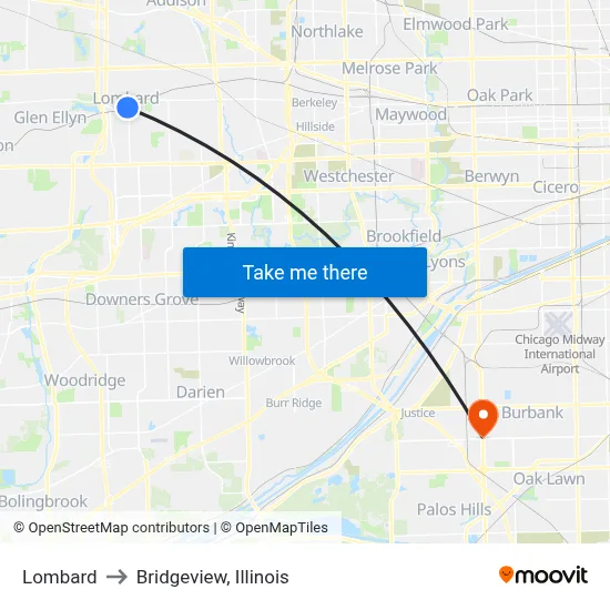 Lombard to Bridgeview, Illinois map