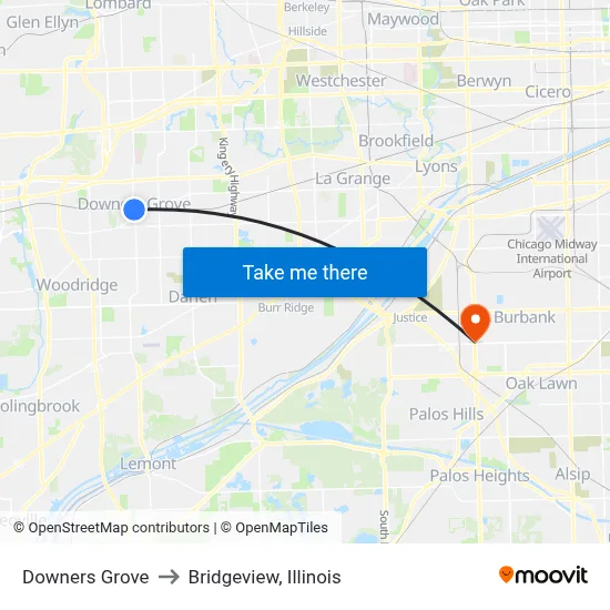 Downers Grove to Bridgeview, Illinois map