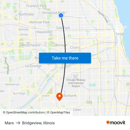 Mars to Bridgeview, Illinois map