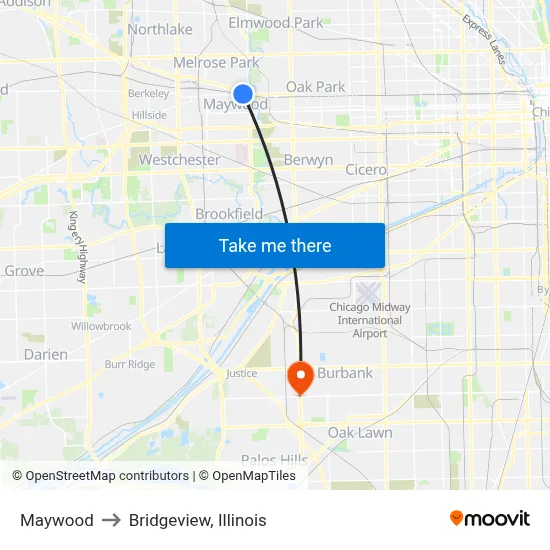 Maywood to Bridgeview, Illinois map