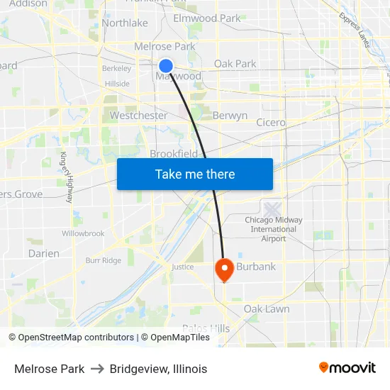 Melrose Park to Bridgeview, Illinois map