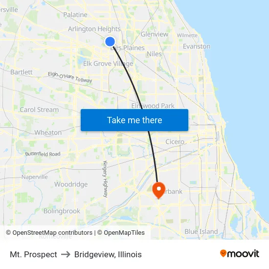 Mt. Prospect to Bridgeview, Illinois map