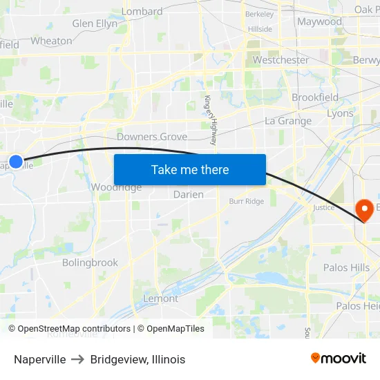 Naperville to Bridgeview, Illinois map