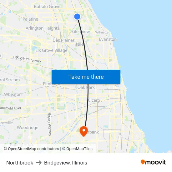 Northbrook to Bridgeview, Illinois map