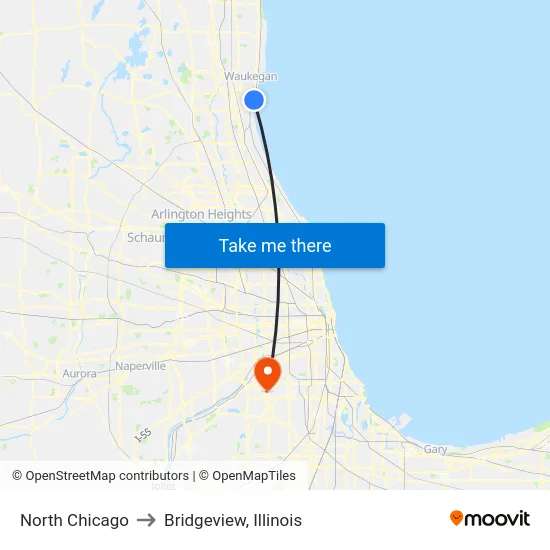 North Chicago to Bridgeview, Illinois map