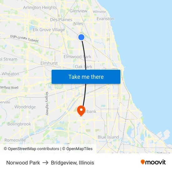 Norwood Park to Bridgeview, Illinois map
