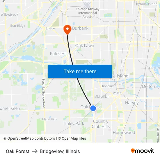 Oak Forest to Bridgeview, Illinois map