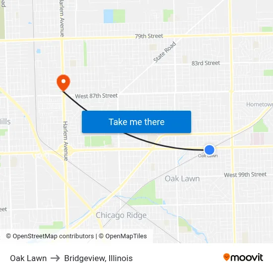 Oak Lawn to Bridgeview, Illinois map