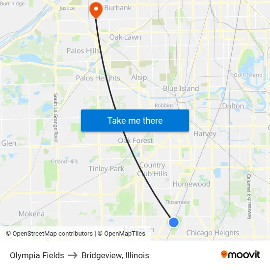 Olympia Fields to Bridgeview, Illinois map
