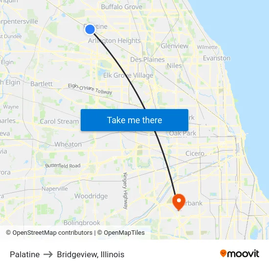 Palatine to Bridgeview, Illinois map