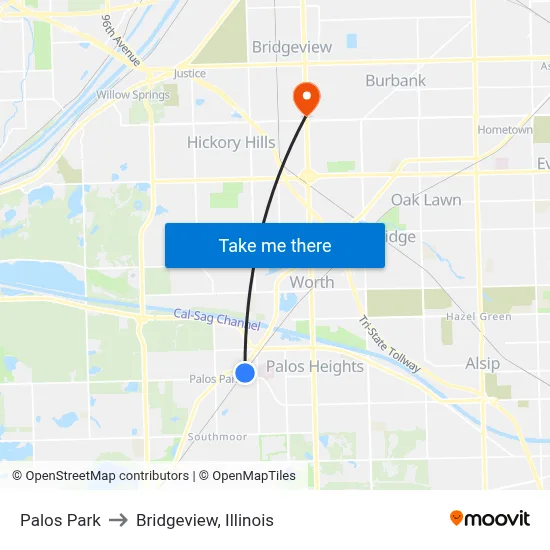 Palos Park to Bridgeview, Illinois map