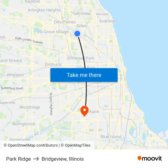 Park Ridge to Bridgeview, Illinois map