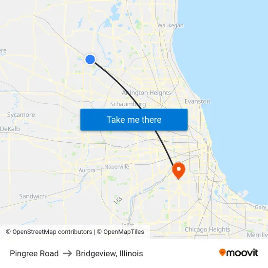 Pingree Road to Bridgeview, Illinois map