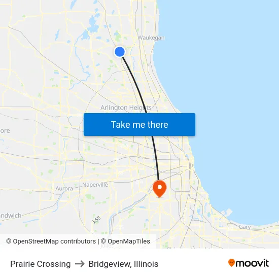 Prairie Crossing to Bridgeview, Illinois map
