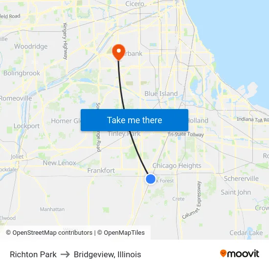 Richton Park to Bridgeview, Illinois map