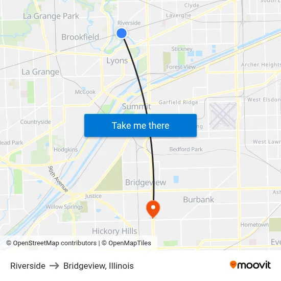 Riverside to Bridgeview, Illinois map