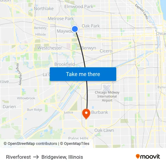 Riverforest to Bridgeview, Illinois map