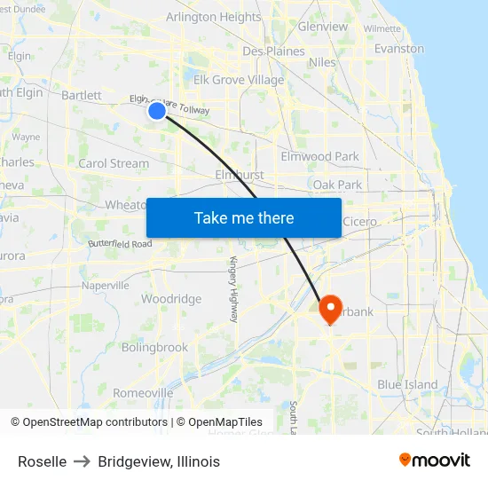 Roselle to Bridgeview, Illinois map