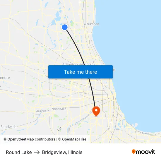 Round Lake to Bridgeview, Illinois map