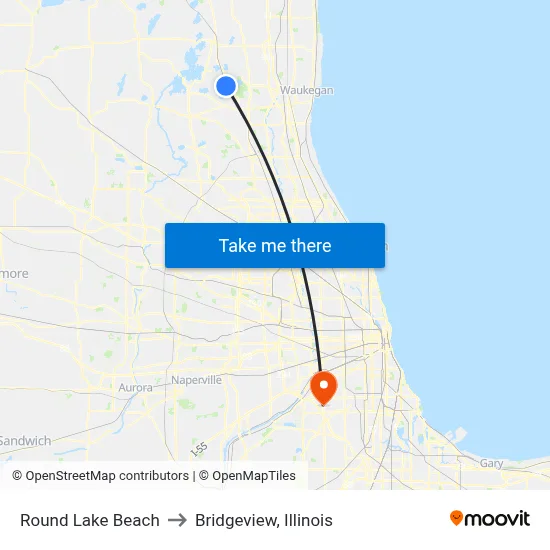Round Lake Beach to Bridgeview, Illinois map