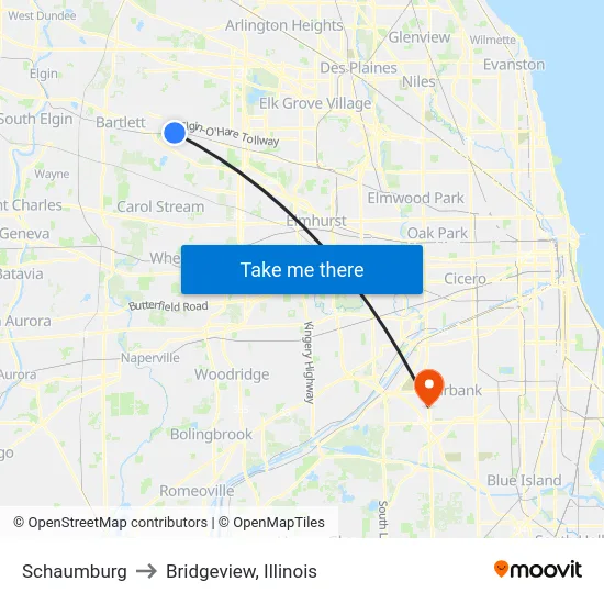 Schaumburg to Bridgeview, Illinois map