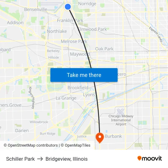 Schiller Park to Bridgeview, Illinois map