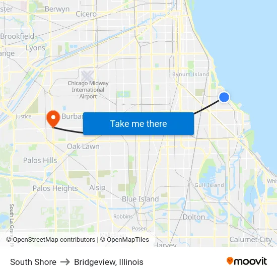 South Shore to Bridgeview, Illinois map