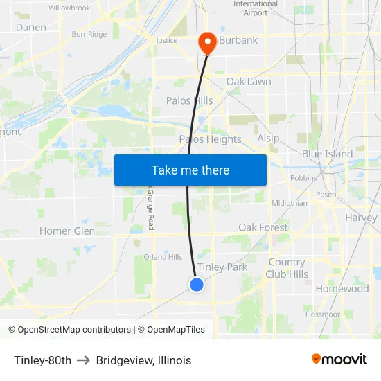 Tinley-80th to Bridgeview, Illinois map