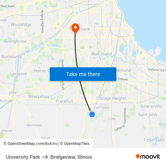 University Park to Bridgeview, Illinois map