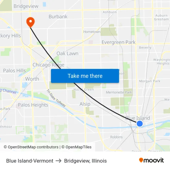 Blue Island-Vermont to Bridgeview, Illinois map