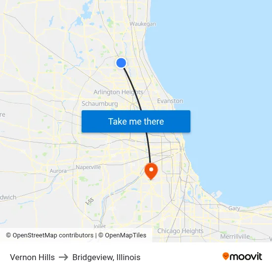 Vernon Hills to Bridgeview, Illinois map