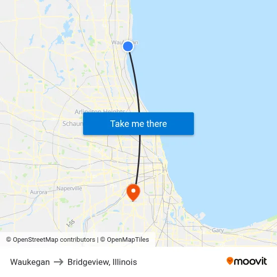 Waukegan to Bridgeview, Illinois map
