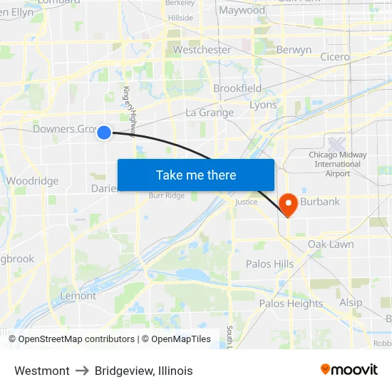 Westmont to Bridgeview, Illinois map