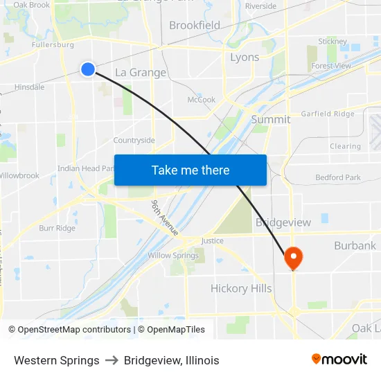 Western Springs to Bridgeview, Illinois map