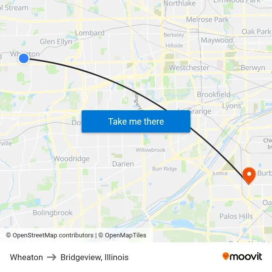 Wheaton to Bridgeview, Illinois map