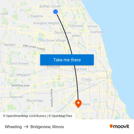 Wheeling to Bridgeview, Illinois map