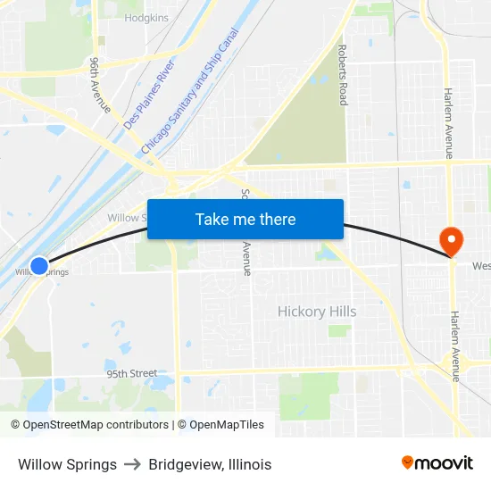 Willow Springs to Bridgeview, Illinois map