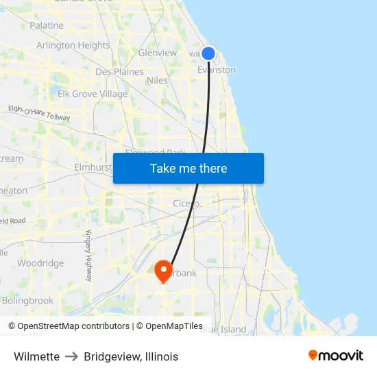 Wilmette to Bridgeview, Illinois map