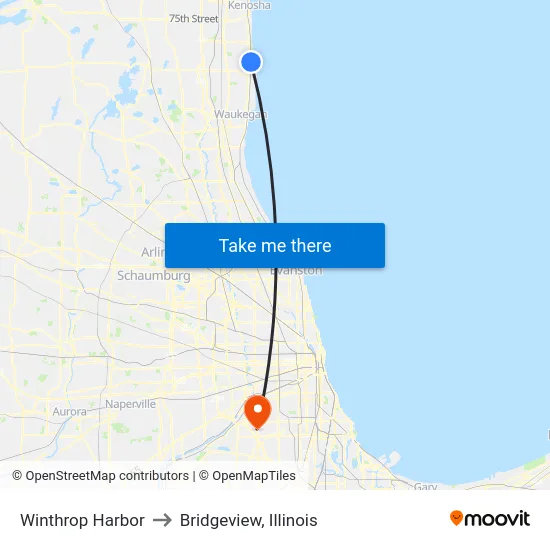 Winthrop Harbor to Bridgeview, Illinois map