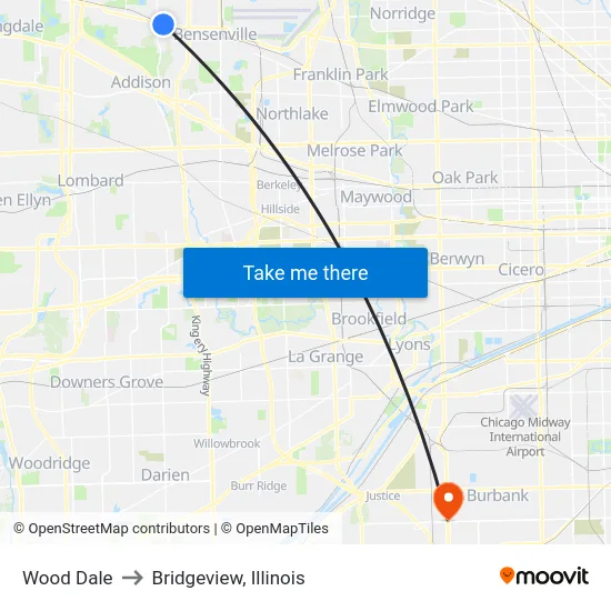 Wood Dale to Bridgeview, Illinois map