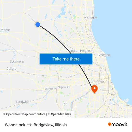 Woodstock to Bridgeview, Illinois map