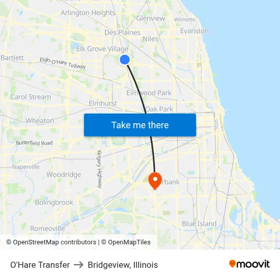 O'Hare Transfer to Bridgeview, Illinois map