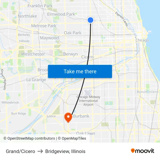 Grand/Cicero to Bridgeview, Illinois map
