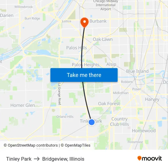 Tinley Park to Bridgeview, Illinois map