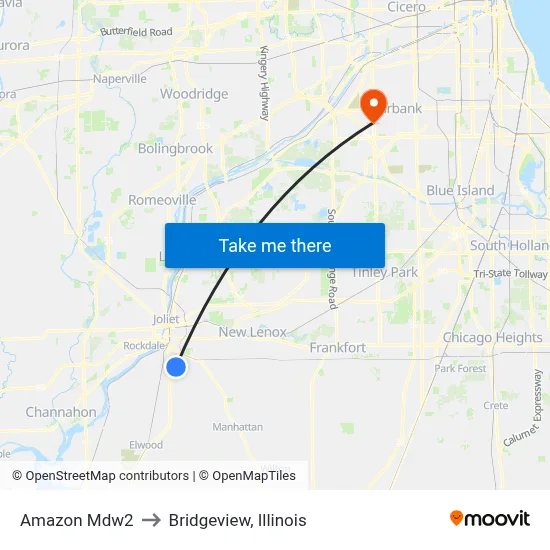 Amazon Mdw2 to Bridgeview, Illinois map