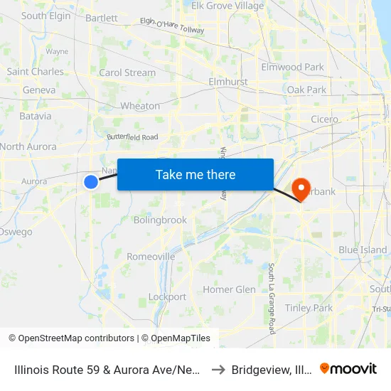 Illinois Route 59 & Aurora Ave/New York St to Bridgeview, Illinois map