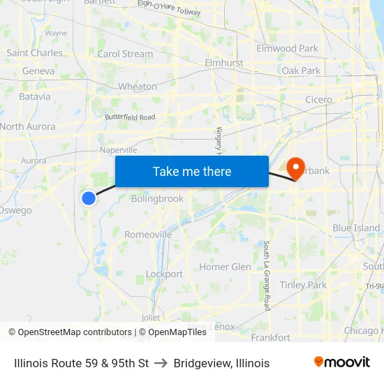 Illinois Route 59 & 95th St to Bridgeview, Illinois map