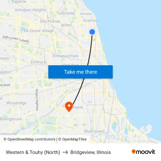 Western & Touhy (North) to Bridgeview, Illinois map