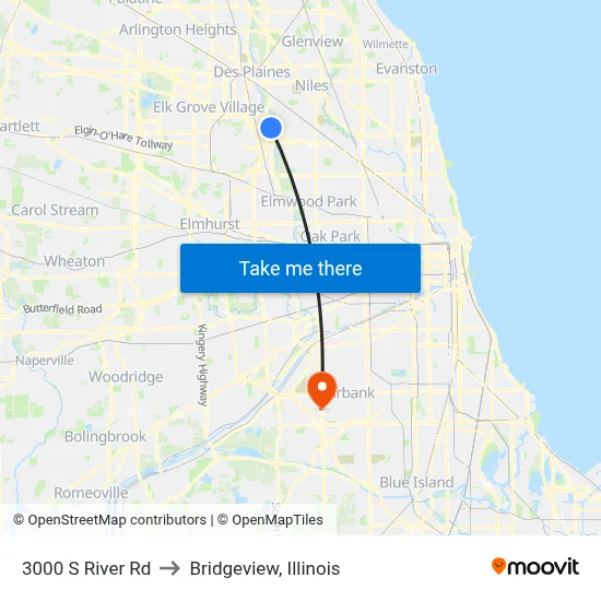 3000 S River Rd to Bridgeview, Illinois map