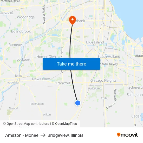Amazon - Monee to Bridgeview, Illinois map